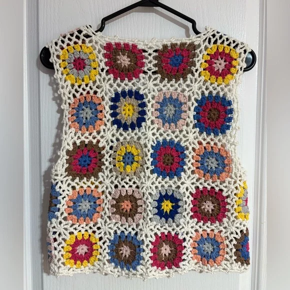 Addax Handmade Knitted Crochet Granny Square Floral Boho Hippie Colourful Vest - Picture 6 of 7